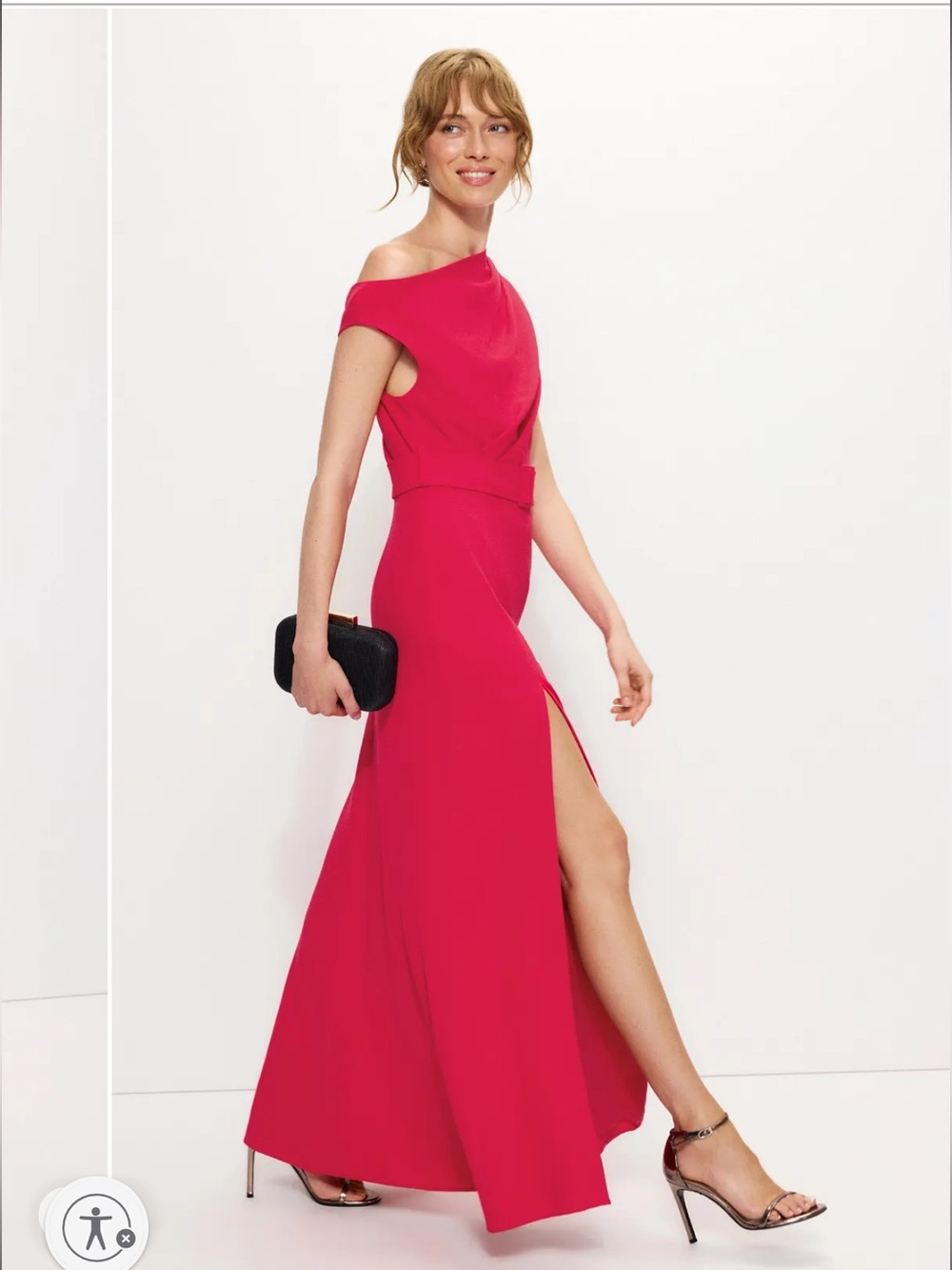 Black Halo One-Shoulder Hot Pink Belted Gown
